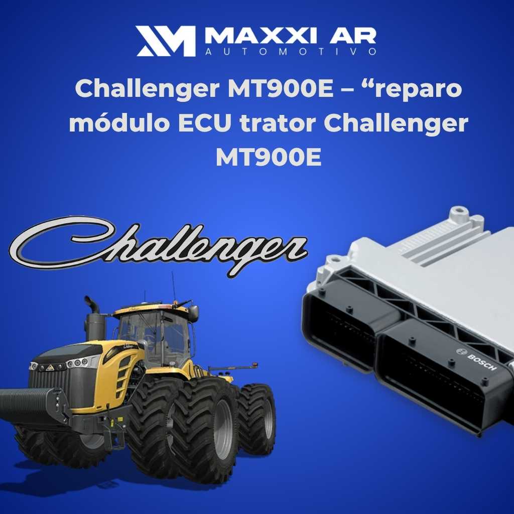 Técnico realizando reparo no módulo ECU do Trator de Esteira Challenger MT900E em bancada de eletrônica agrícola.