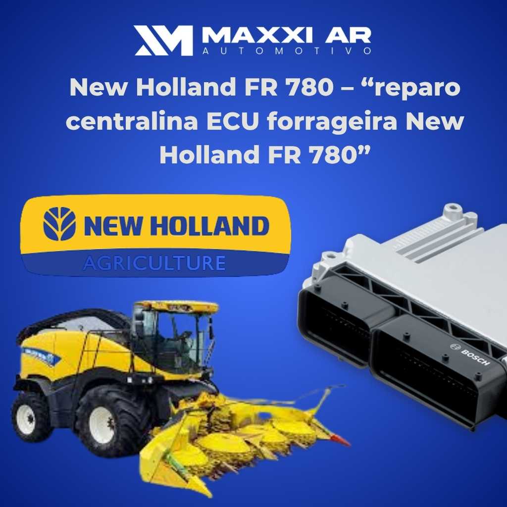 Técnico realizando reparo na centralina ECU da Forrageira New Holland FR 780 em laboratório de eletrônica agrícola.